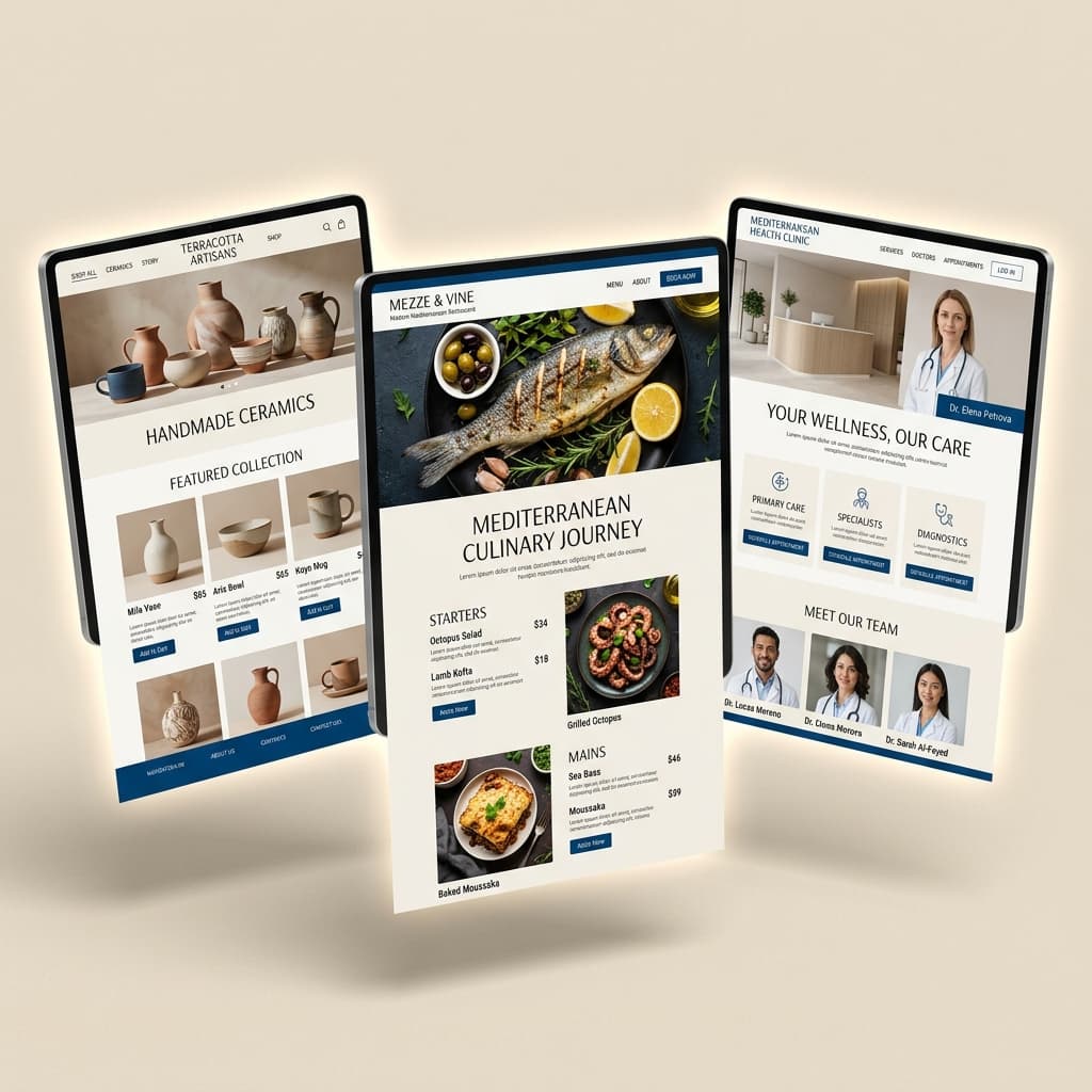 Portfolio of DZ WebWorks projects showing artisan store, restaurant menu, and clinic websites